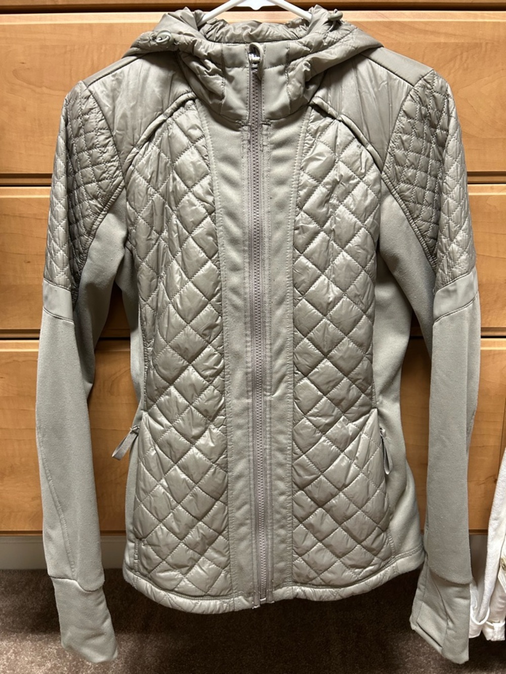 Athleta Quilted Hooded Jacket in Light Gray